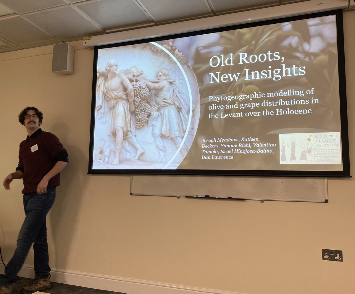 Joseph Meadows et al presenting on the phytogeographic modelling of wild olive and grape distribution in the Levant #banea2024