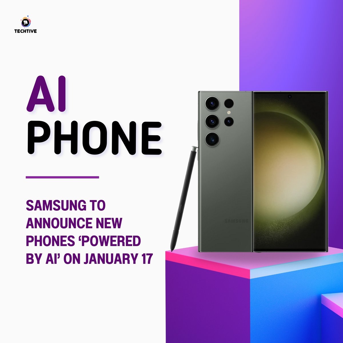 Techtive_online's tweet photo. Exciting times ahead! 🚀 Mark your calendars for January 17th as Samsung unveils cutting-edge phones infused with AI brilliance. Get ready to experience innovation like never before! 📱✨ 

#Techtive #TechNews #AI #SmartPhone #Android #SamsungAI #TechReimagined #TechInnovation https://t.co/nVzSXEvsJJ