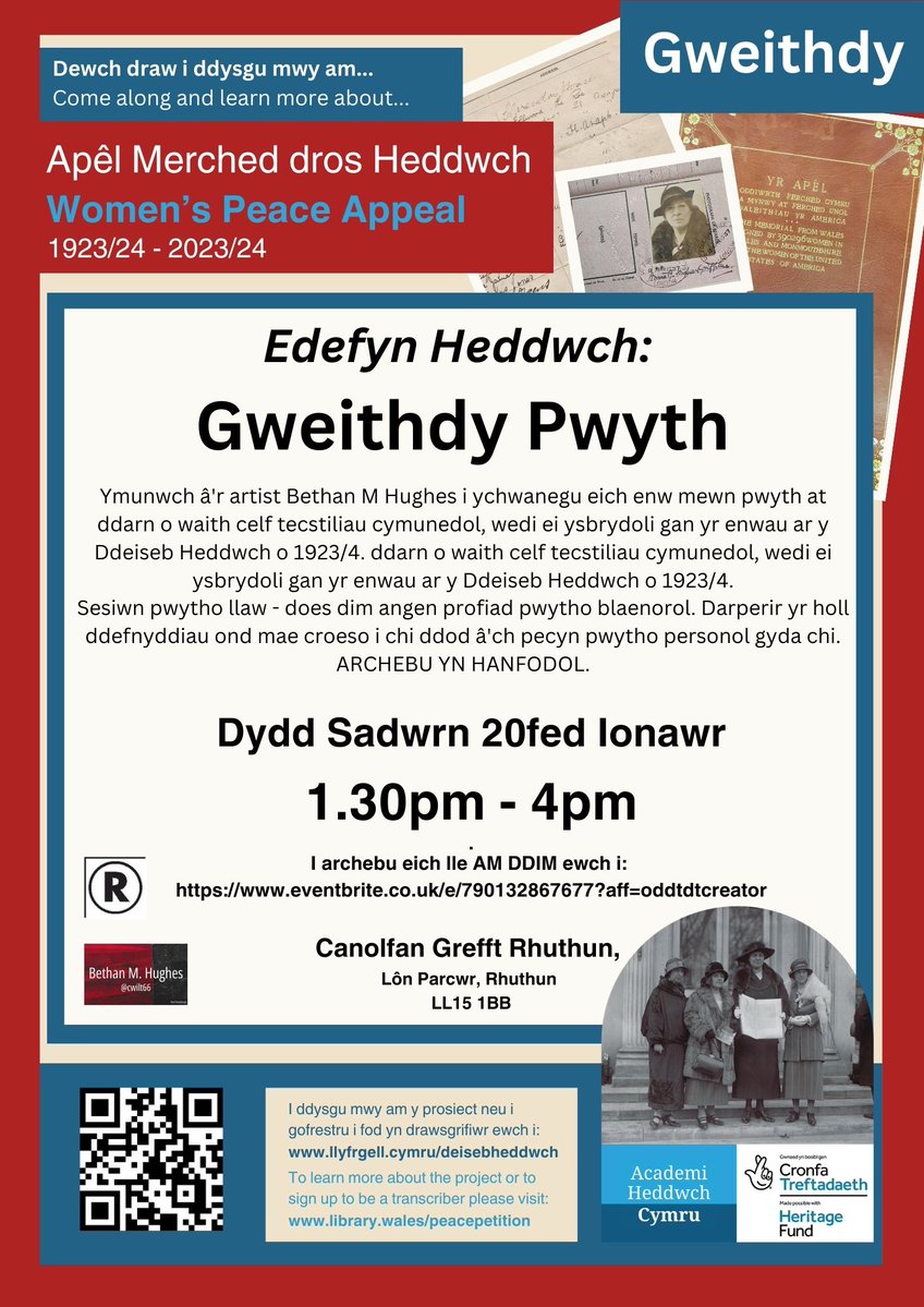 Edefyn Heddwch: gweithdy pwyth Dydd Sadwrn Ionawr 20 1.30-4.00pm Archebwch yma: eventbrite.co.uk/e/thread-of-pe… @academiheddwch