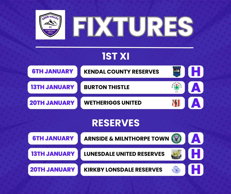 Eden Valley Football Club (@edenvalleyfc) on Twitter photo Here’s our January fixture list so far.👇
Our 1st XI host <a href="/KendalCounty/">Kendal County FC</a> Reserves tomorrow.
EVFC Reserves are on the road to take on Arnside & Milnthorpe Town. (@Milnthorpefc).
⏰ Both games kick off at 2pm.
<a href="/NLCumbria/">Non League Cumbria</a> <a href="/WestmorlandFL/">Westmorland Football League</a> Here’s our January fixture list so far.👇
Our 1st XI host <a href="/KendalCounty/">Kendal County FC</a> Reserves tomorrow.
EVFC Reserves are on the road to take on Arnside & Milnthorpe Town. (@Milnthorpefc).
⏰ Both games kick off at 2pm.
<a href="/NLCumbria/">Non League Cumbria</a> <a href="/WestmorlandFL/">Westmorland Football League</a>