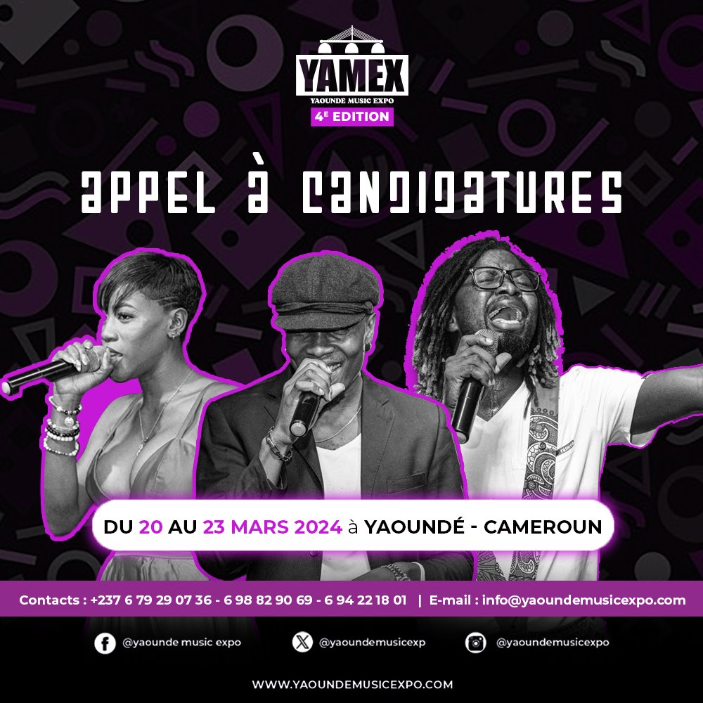 Charrier01's tweet photo. LE YAMEX 2024 LANCE SON APPEL À CANDIDATURES POUR LES ARTISTES 

La 4ème édition du YAMEX, un événement pluridisciplinaire qui célèbre la musique actuelle du monde, en particulier la musique camerounaise, aura lieu du 20 au 23 mars 2024 à Yaoundé.

https://t.co/GQxvDh3AJc

1/4 https://t.co/4oH1brcNLM