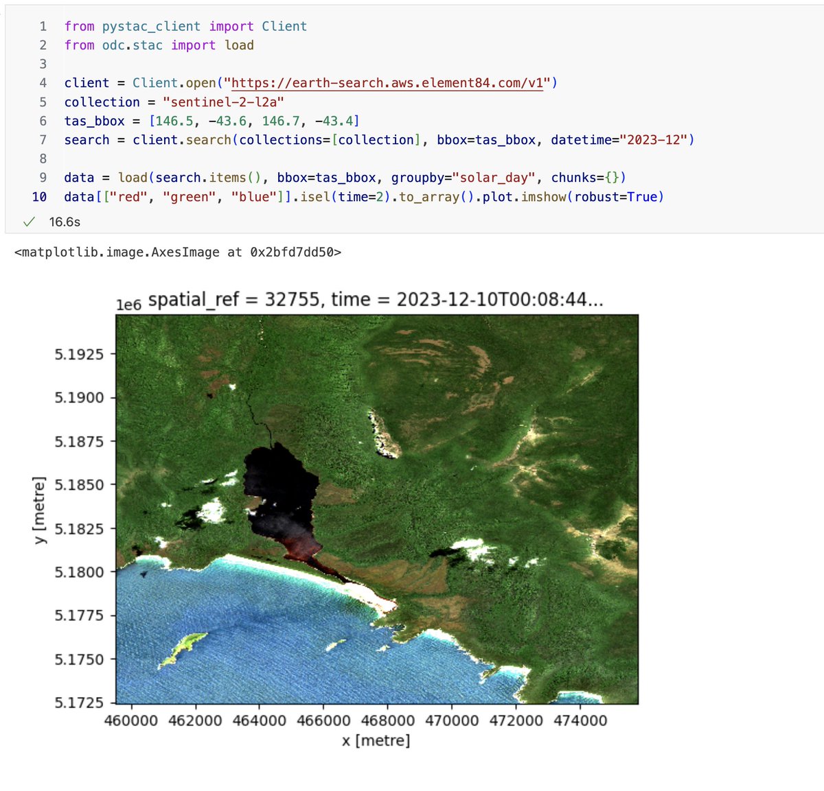 alexgleith's tweet image. Did you know that with 2 Python libraries, 6 lines of code and around 15 seconds, you can load satellite data from anywhere in the world?
This is so much easier than it used to be!