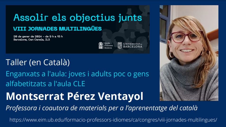 Montserrat (@mpventayol) on Twitter photo Comencem el 2024 participant a les VIII Jornades Multilingües de l'Escola d'Idiomes Moderns de la
<a href="/UniBarcelona/">Universitat de Barcelona</a> . Ja sabeu quina és la meva passió: aula, joves i adults, nivells de competència preA1, A1, A2 i català! Ens hi veurem? Comencem el 2024 participant a les VIII Jornades Multilingües de l'Escola d'Idiomes Moderns de la
<a href="/UniBarcelona/">Universitat de Barcelona</a> . Ja sabeu quina és la meva passió: aula, joves i adults, nivells de competència preA1, A1, A2 i català! Ens hi veurem?