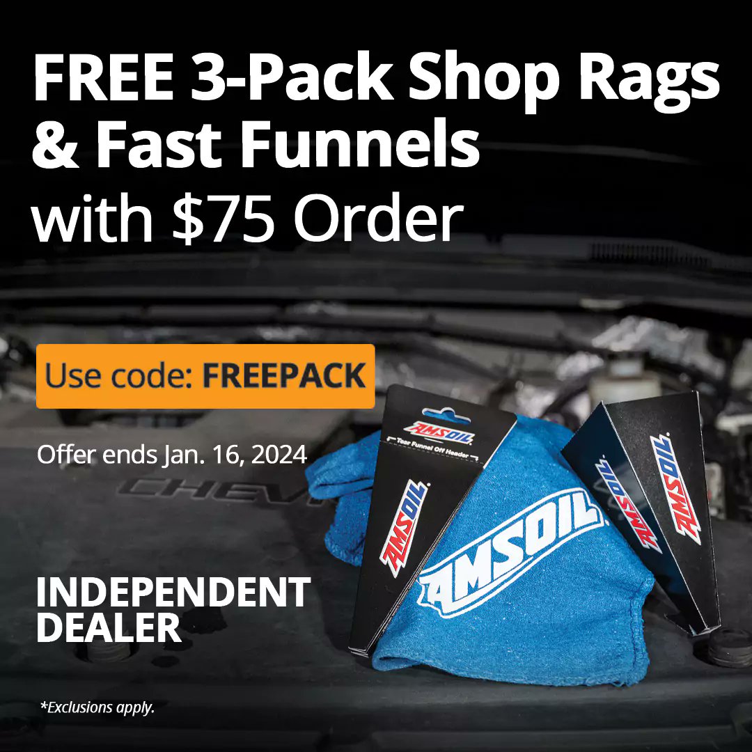 Limited time, Receive 3 free shop rags and fast funnels with an order of $75 or more when you use code FREEPACK. Promo runs through 1/16/24. bit.ly/3tBH02J #limitedtime #freestuff #dealoftheday