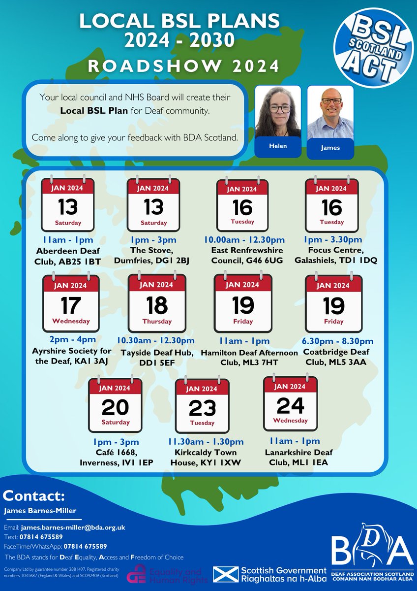 Local BSL Plans 2024 - 2030 Roadshow BDA Scotland would like to wish you all a Happy New Year! Please see the updated poster for the upcoming BDA Scotland events across Scotland. @InspiringSland @IS_EqualityHR @ScotGovFairer @ScotGovEdu @BSLScotAct2015