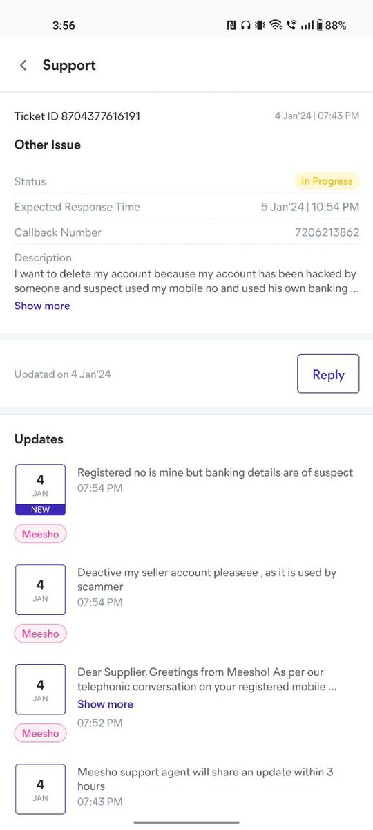 anilrasila's tweet photo. Some one create account on Meesho and used my mobile no as a seller .I complained to support team to block the account but they did't do .Proper action must be taken againt @Meesho_Official .i have support team chat @Cyberdost @OCCRP https://t.co/uobNFdrbqm