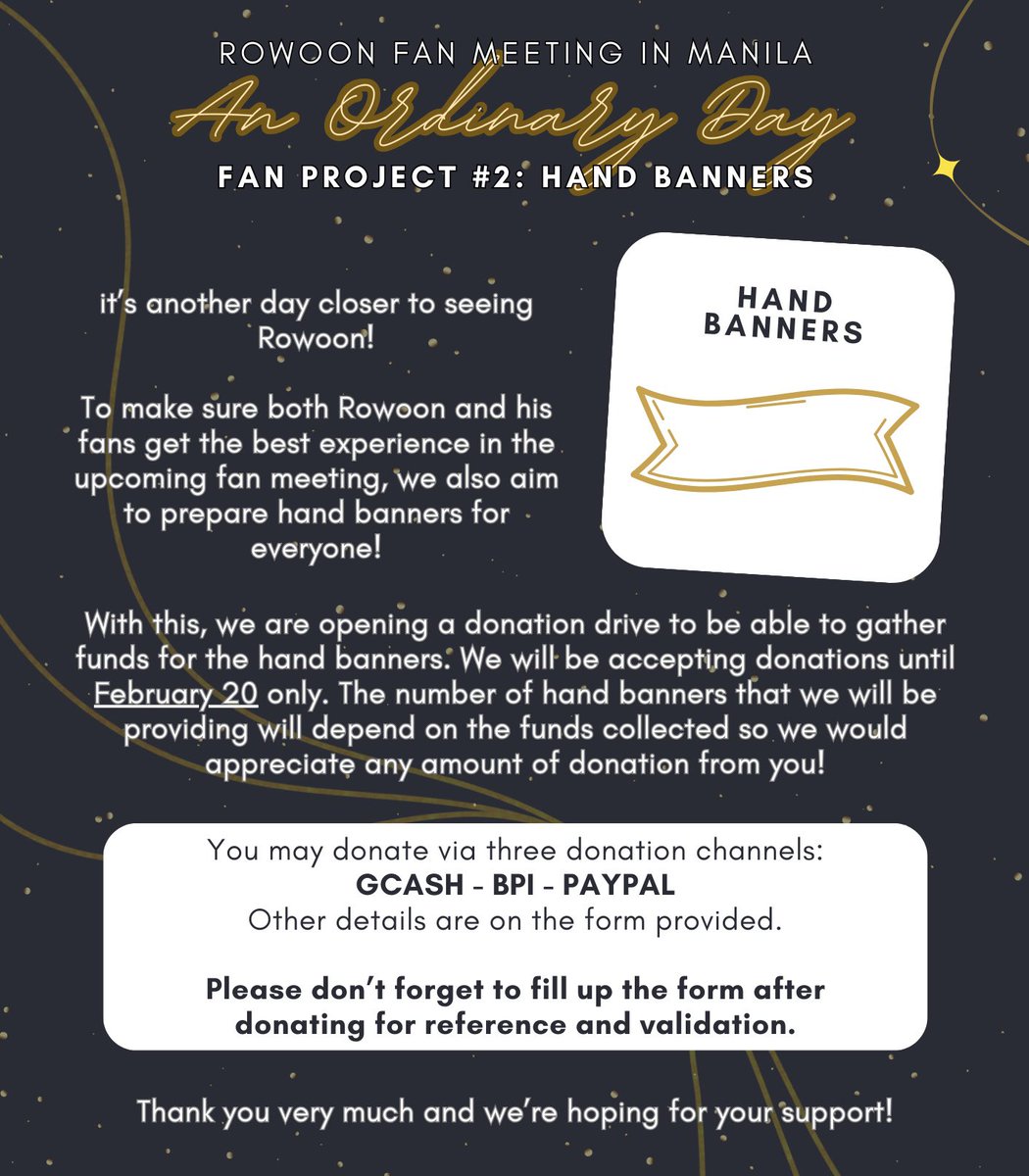 krwzoneph's tweet photo. #AnOrdinaryDayinMNL
— Project #2: HAND BANNERS 🏳️

Donation drive is now open! For those who will be donating, kindly read and fill up the form. Any amount is greatly welcomed and your contribution will be of great help! 💛

➡️ https://t.co/okOe63YHmj

See more details below 👇🏼 https://t.co/X50OCN4JCf