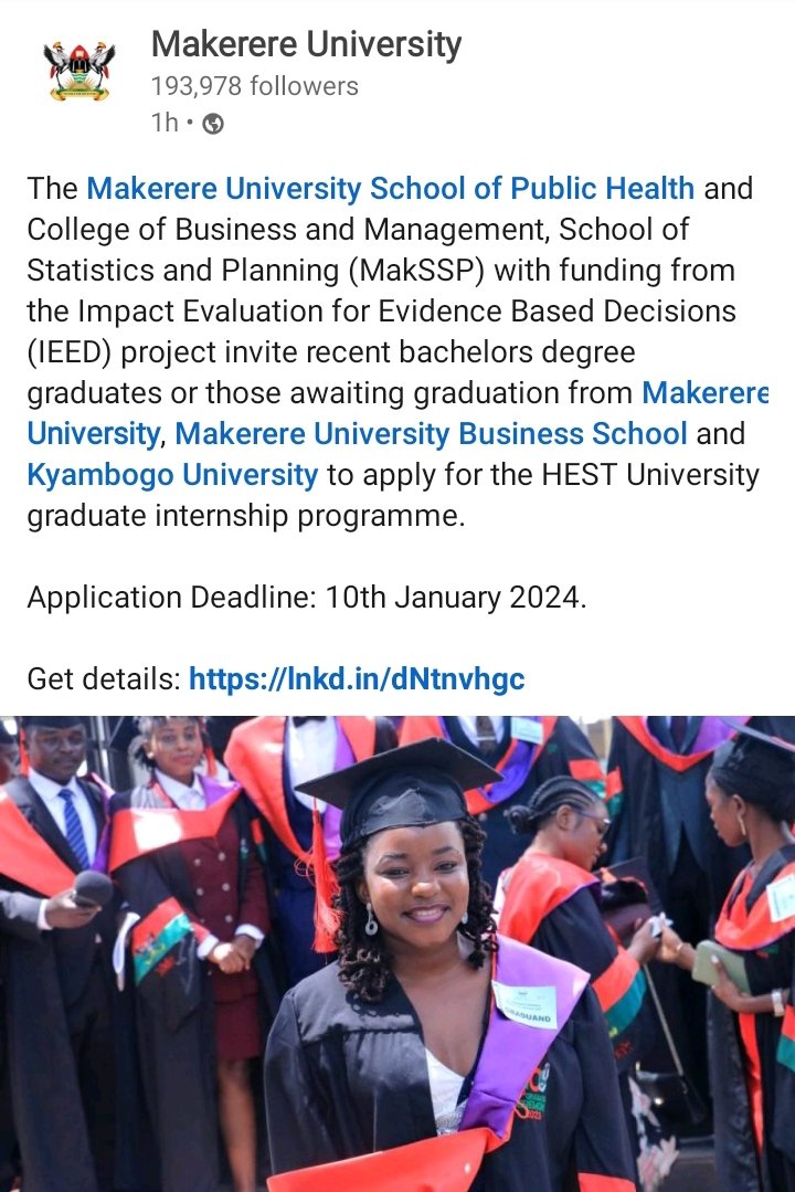 IMPORTANT INFO For @Makerere, @dos_Mubs & @kyambogou students awaiting graduation & those recent graduands; @MakSPH & MakSSP @MakCoBAMS and funding from IEED internship opportunity for you. Link: news.mak.ac.ug/2024/01/call-f…