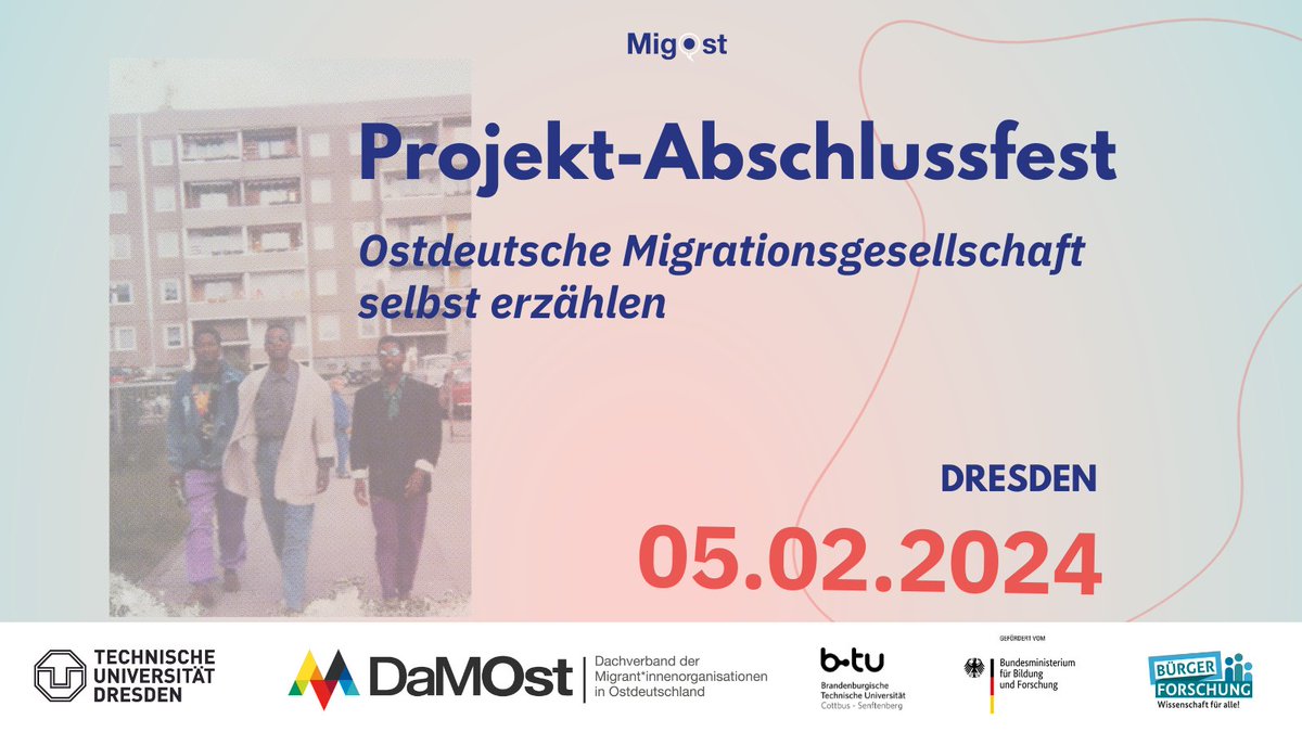 OstMig's tweet photo. Alle #MigOst-Teammitglieder nochmal vor Projektende treffen, dazu Teilnehmende unser Erzählcafés, Stadtlabore &amp; Interviews?  
Das geht am 5.2.2024 in #Dresden!  https://t.co/krxBVSyTFA 
(Neues Jahr, neues Posting-Design;-)
@damost_ev @GSW_TUDresden @BTU_CS https://t.co/szHO0jz2TC