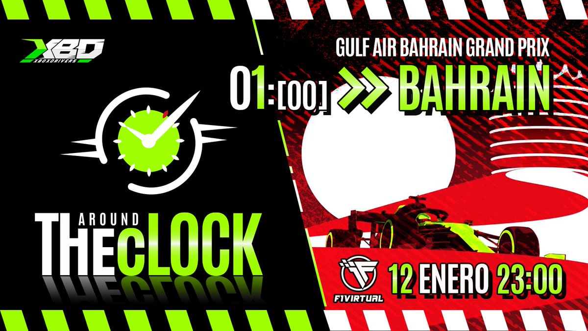 Pilotos!, ya queda 1 semana para que comience "around THE CLOCK", nuestro campeonato de #F12023. Primera cita en Bahrain. Viernes 12/01/24 a las 23:OOh. Directo trasmitido por <a href="/formula1virtual/">Formula 1 Virtual</a>. Recordaros de confirmar asistencia en nuestro Discord. Suerte pilotos!🍀