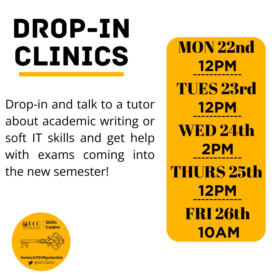 Come down to the Skills Centre in Boole Library Q-1 for Drop-In Clinics next week! Here you can drop-in and ask our tutors any queries you may have about academic writing or soft IT skills!