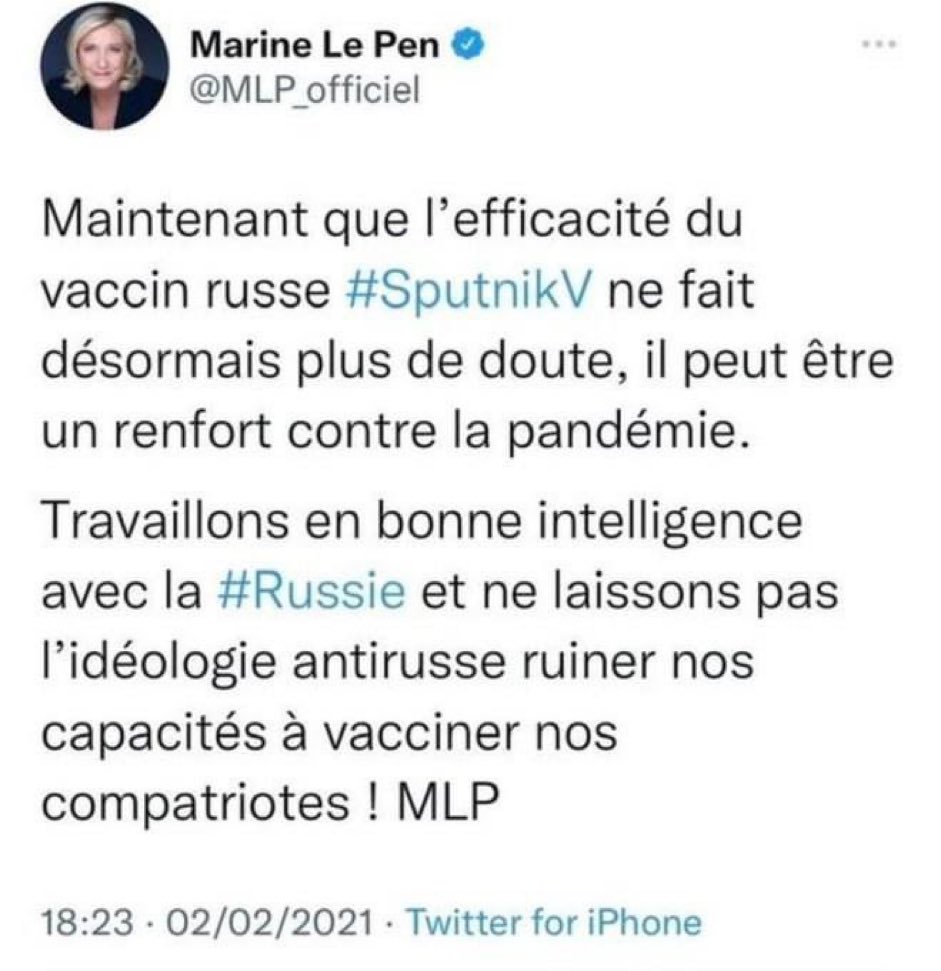 VictorCahat's tweet image. On rappelle que plus personne n’utilise le vaccin SputnikV qui est aussi efficace contre le virus que l’armée russe pour envahir l’Ukraine en trois jours. Voter RN, c’est voter soumission #MarinePoutine