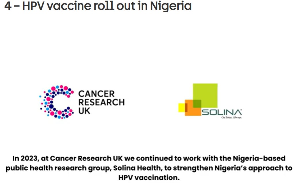 We are thrilled to announce that Solina was featured in @CR_UK ’s article published in December 2023 because we collaborated with CRUK to strengthen Nigeria’s approach to #HPV vaccination.

Read the Full Article: news.cancerresearchuk.org/2023/12/27/7-v…

#CancerResearch 
#HPVVaccination