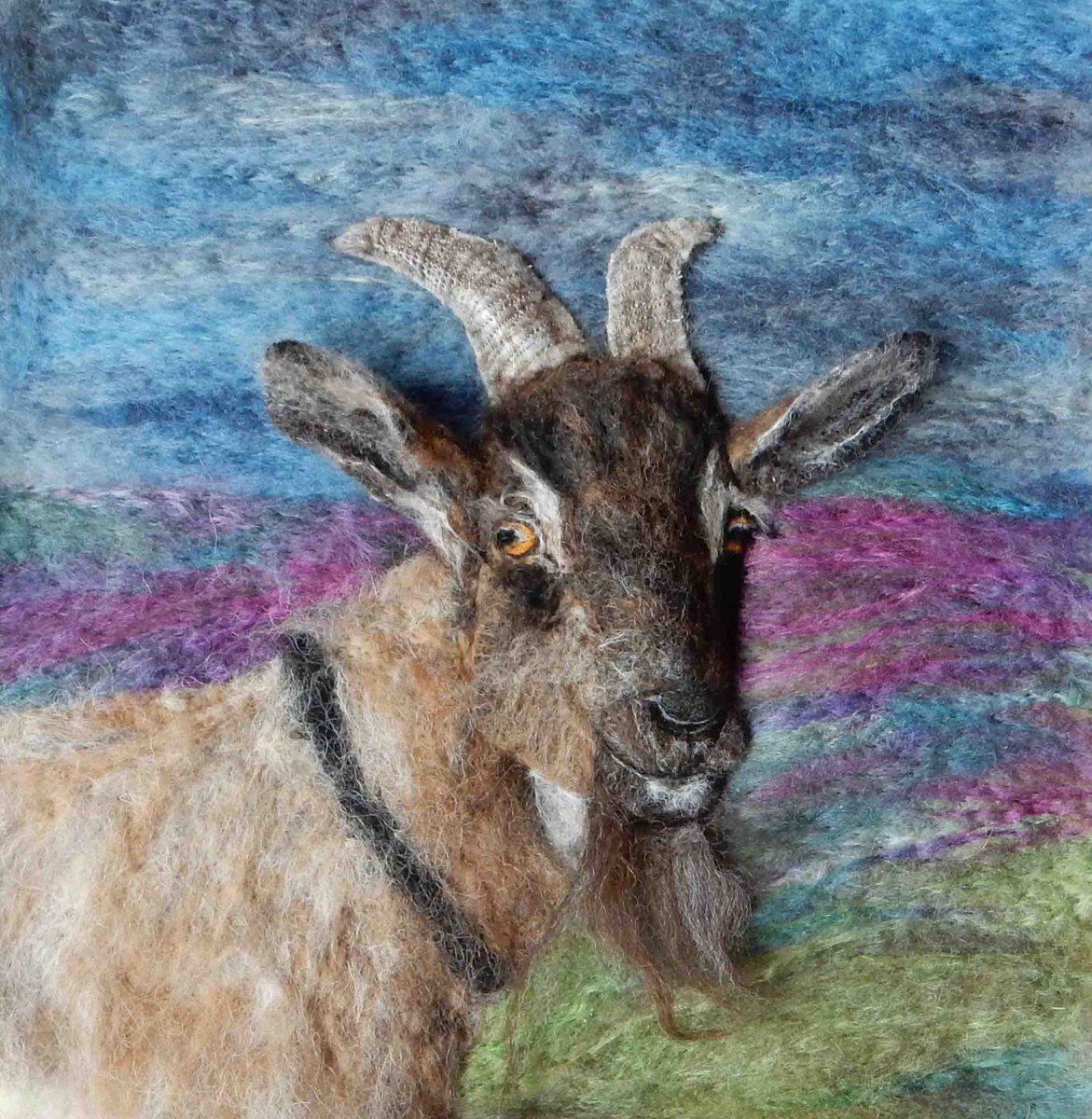 Day 5 of my A-Z of fibre art animal portraits. E is for #exmoorpony #eriskaypony #exmoorhorn and #englishgoat #britishfibreart #madeincumbia ullswaterfeltart.com/rare-breeds #britishnativebreeds