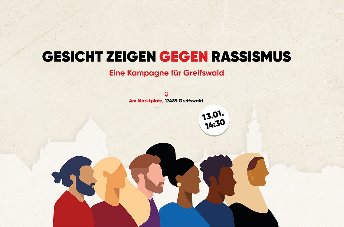 uni_greifswald's tweet photo. Gemeinsam für Respekt und Solidarität! Greifswald lädt ein zur Auftaktveranstaltung der Kampagne „Gesicht zeigen gegen Rassismus“. Los geht es am 13. Januar um 14:30 Uhr auf dem Marktplatz. #RassismusStoppen  #GreifswaldGegenRassismus https://t.co/mqQuqIUoUX