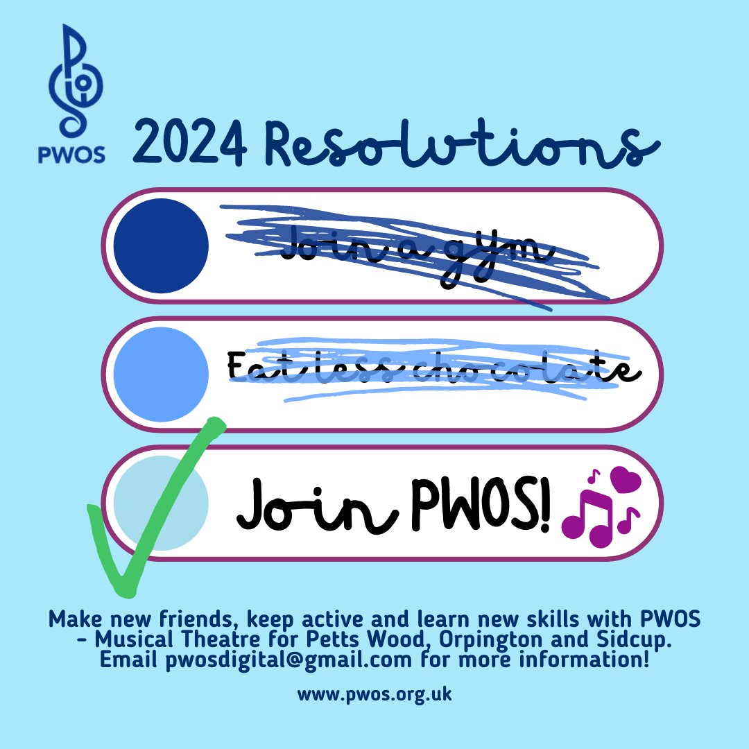 Happy New Year! 

Are you thinking of your New Years Resolutions? Why not join PWOS?!

A chance to make new friends, stay active, learn new skills and test your memory as you learn music, movement and dialogue! 

pwos.org.uk