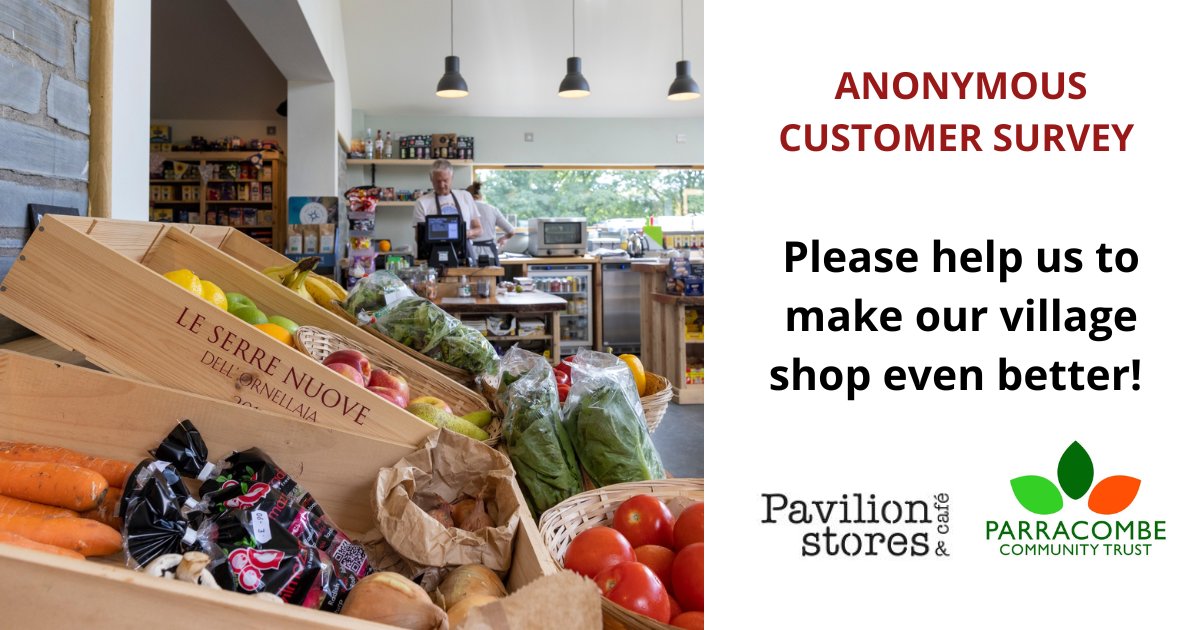 ParracombeCT's tweet photo. Launching today – our anonymous customer survey for the Pavilion Stores + Café! 
We want to hear the views of each and every person who lives in or around Parracombe to help make our village shop even better.
Take part today via 👇
https://t.co/kLeeAxgQ1P https://t.co/if3tBaMIFw