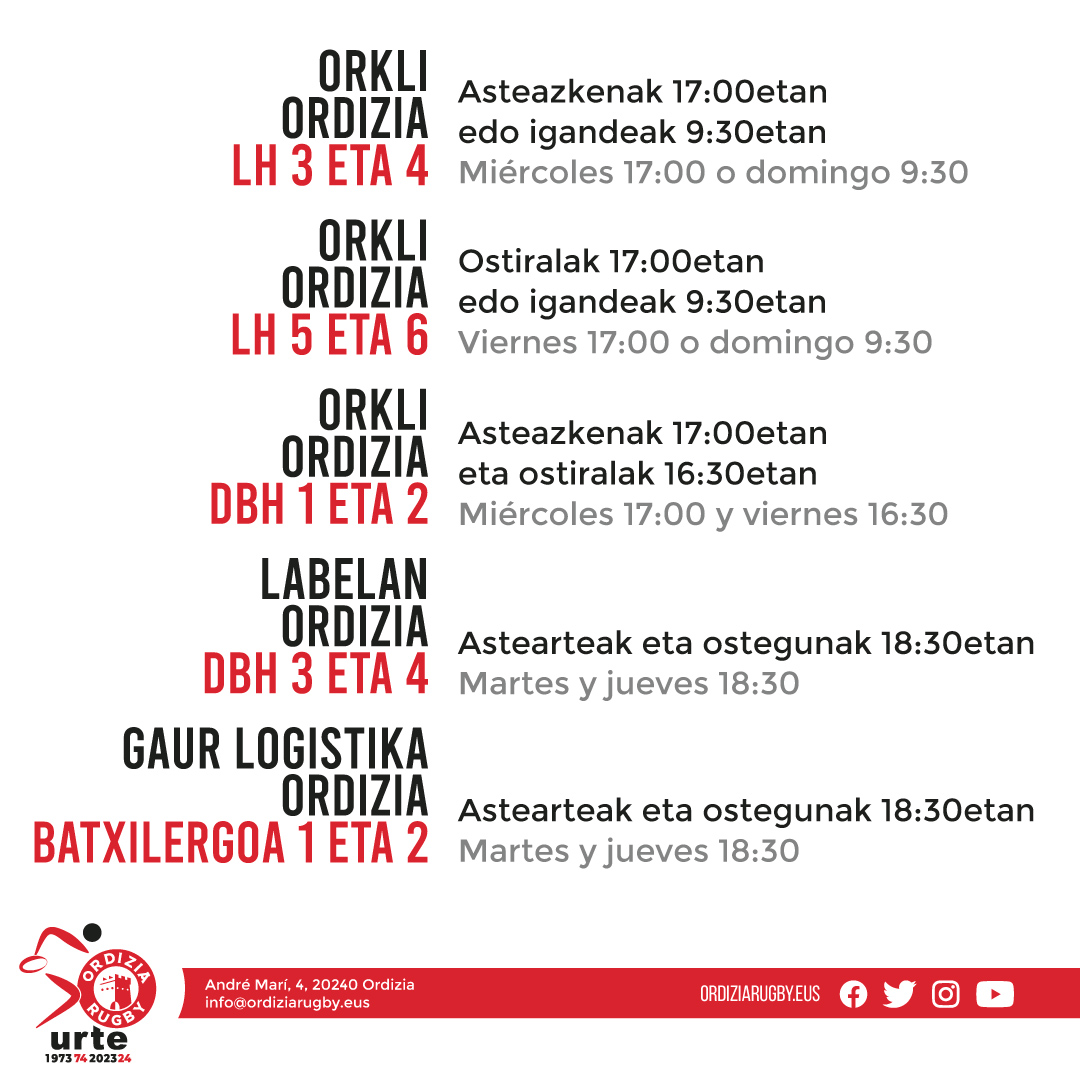 Urte berria kirol berria.
Entrenamendu ordutegiak.

🏉 2024 🗓️

Año nuevo deporte nuevo.
Horarios de entrenamiento.