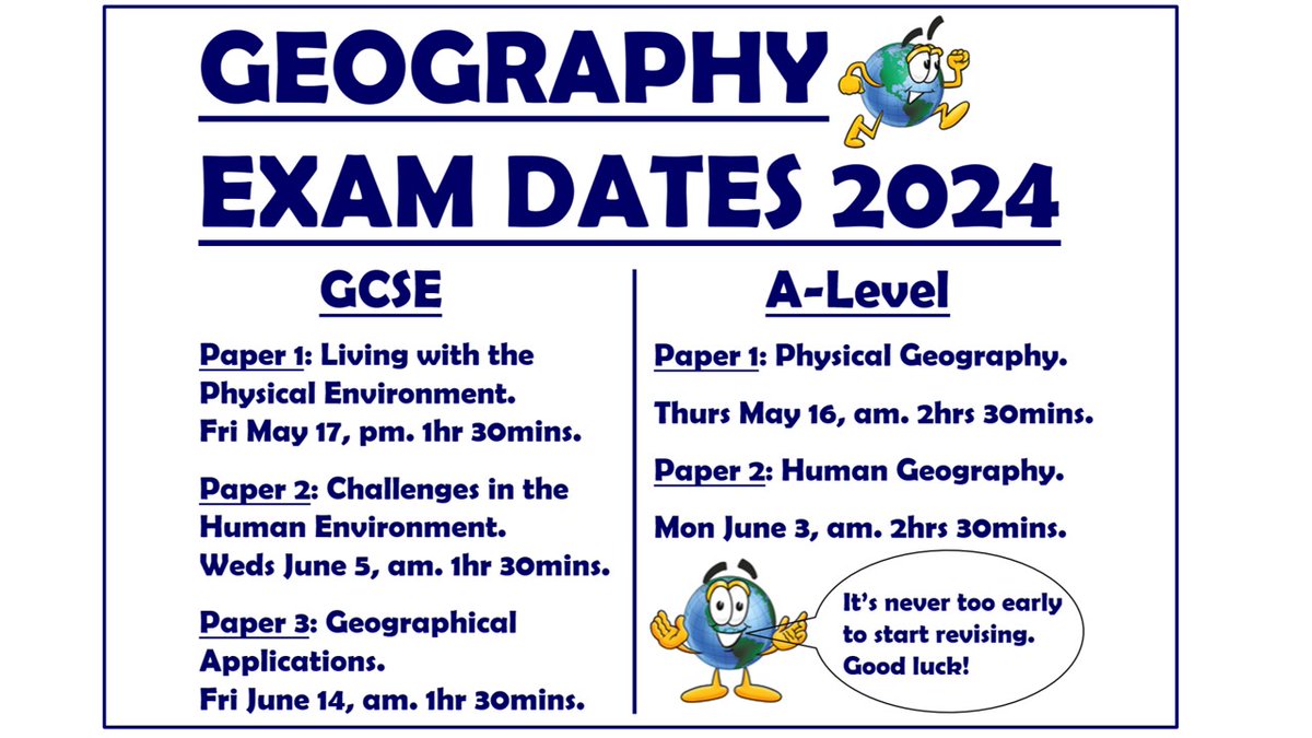 Geography exam date poster for summer 2024 (AQA): I add this in the corner of the whiteboard, enlarged to A3. Also assists with a countdown of days to each exam. See pinned post for the file. #aqageog #geography #geographyteacher