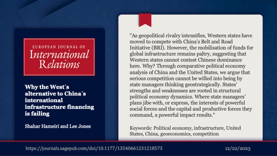 Last year China's #BRI turned 10. The West is trying to compete with it. @ShaharHameiri and @DrLeeJones argue, that the West is failing because it relies on  'escorting' private capital into infrastructure - an approach that has already failed at home. t1p.de/qd71q