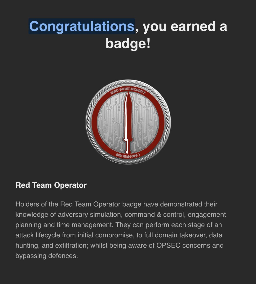 Glad to share that I've completed CRTO by @zeropointsecltd It provides a hands-on experience with the Cobalt Strike C2 framework, covering every aspect of red teaming. #CyberSecurity #CRTO #redteam #vapt #opsec #zeropointsecurity #cobaltstrike