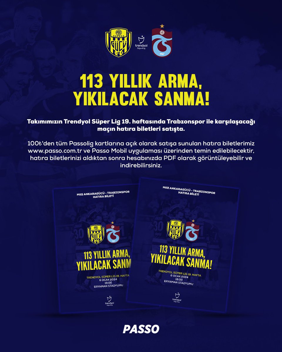 Ankaragucu's tweet photo. Takımımızın Trendyol Süper Lig 19. haftasında Trabzonspor ile karşılaşacağı maçın hatıra biletleri satışta.

100₺'den tüm Passolig kartlarına açık olarak satışa sunulan hatıra biletlerimiz https://t.co/nmWTMocasd ve Passo Mobil uygulaması üzerinden temin edilebilecektir, hatıra biletlerinizi aldıktan sonra hesabınızda PDF olarak görüntüleyebilir ve indirebilirsiniz.

👉 https://t.co/wVQqkknZxv