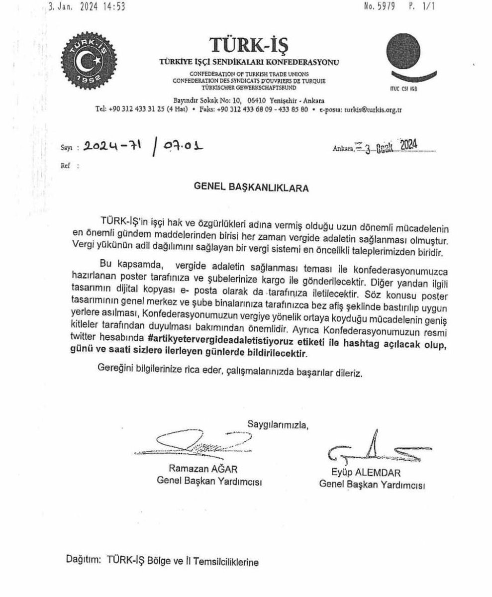 Vergi adaleti için <a href="/turkiskonf/">TÜRK-İŞ</a> Türkiyenin tamamında hem sosyal medyada hem sahada çalışmalar başlattı. Şehirlerde bilboard afişler asılarak büyük bir mücadelenin ilk adımını atmış olacaktır.

İşçiler olarak bu mücadelenin destekçisiyiz.
#SeyyanenZam 
#isciye8binseyyanen