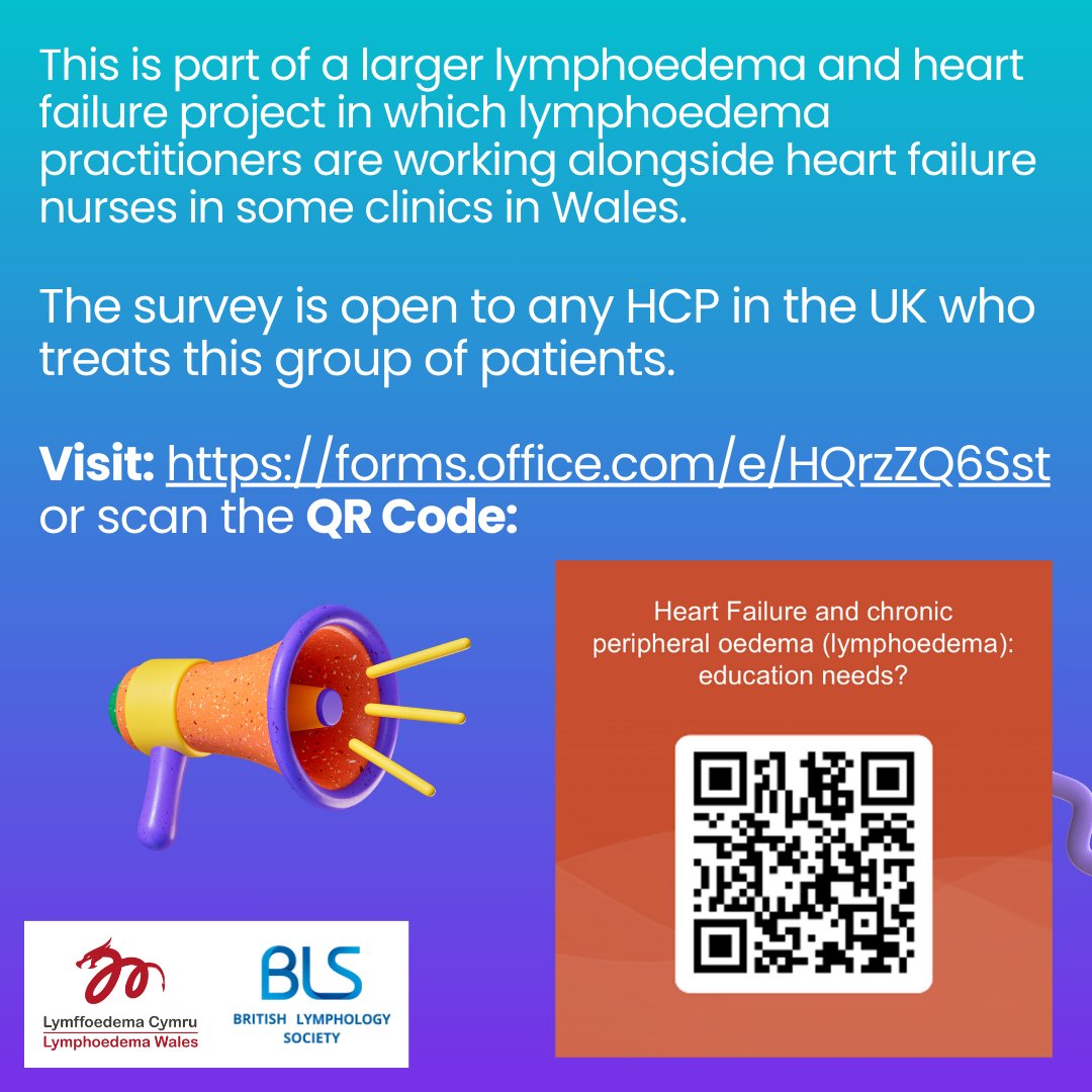 REMINDER: Heart failure nurses and lymphoedema practitioners – we want to hear from you! Please complete this 10-minute survey to share your thoughts: forms.office.com/e/HQrzZQ6Sst Deadline 22nd February 2024! #lymphoedema #oedema #heartfailure #lymphoedemawales #lwcn #thebls #survey