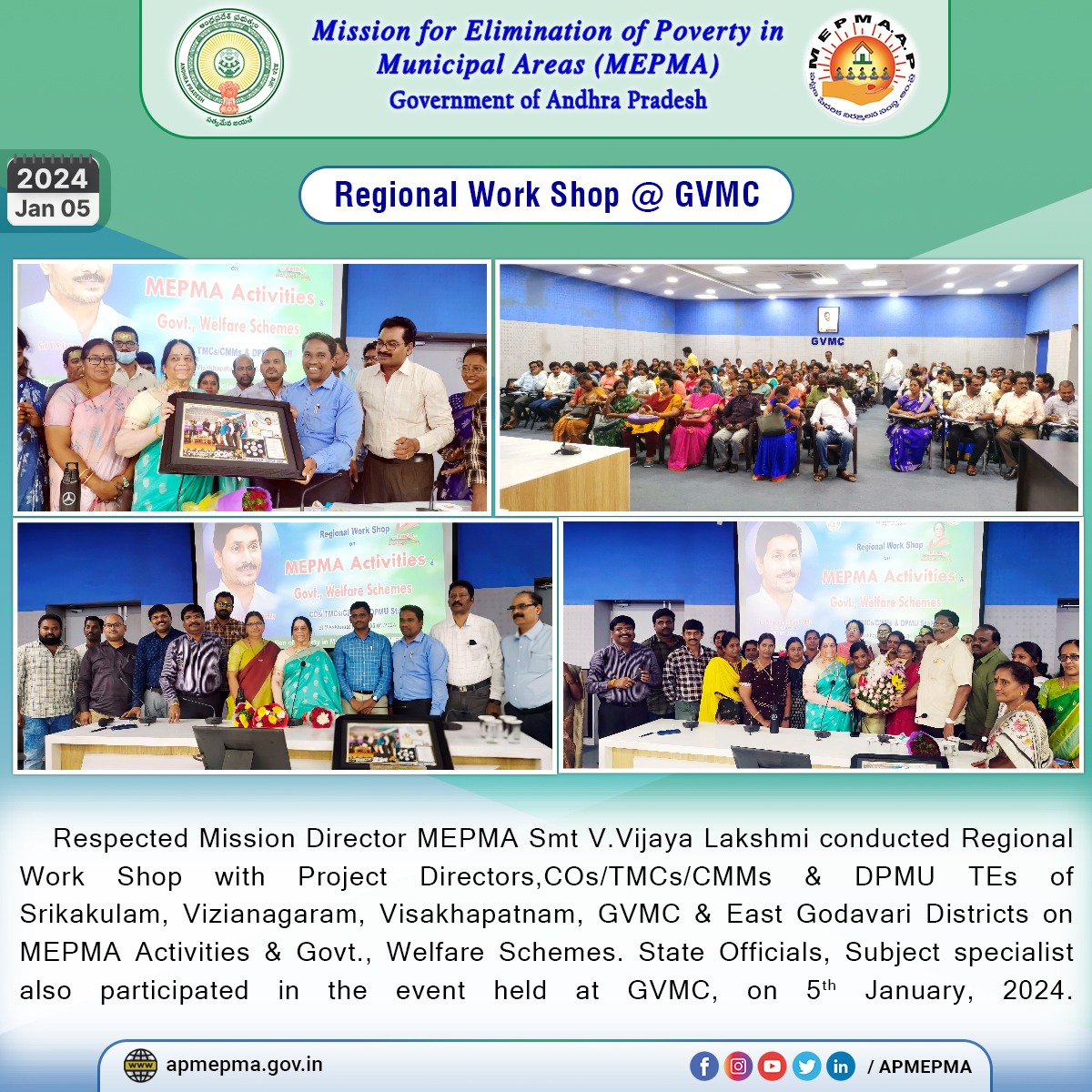 Subject specialist also participated in the event held at GVMC, on 5th January, 2024.
#GOAP #APMEPMA #COS #TMCS #CMMs #DPMU #TEs #srikakulam #Vizianagaram #visakapatnam #GVMC #eastgodavari #WelfareSchemes #StateOfficials #january