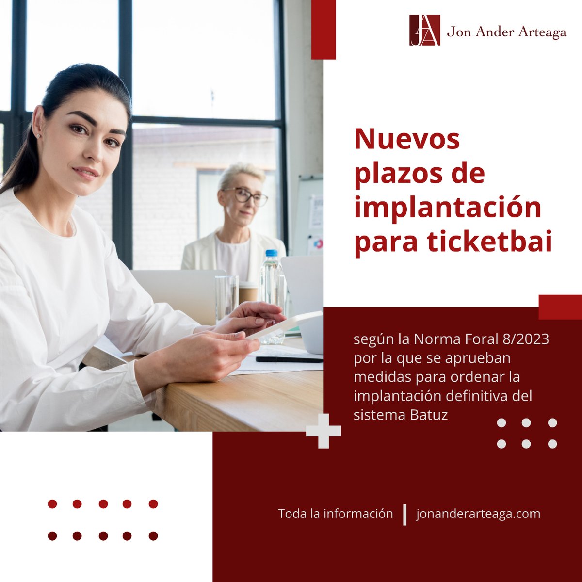 jonanderarteaga's tweet photo. 📢 Atención
Ya son firmes los nuevos plazos de implantación del sistema Ticketbai. 🎫 💻
Para más información, visita nuestra página web 👉 https://t.co/rHkD8wsLjB
#AsesoríaJonAnderArteaga #PlazosImplantación #Ticketbai https://t.co/yScgdFJ2RN