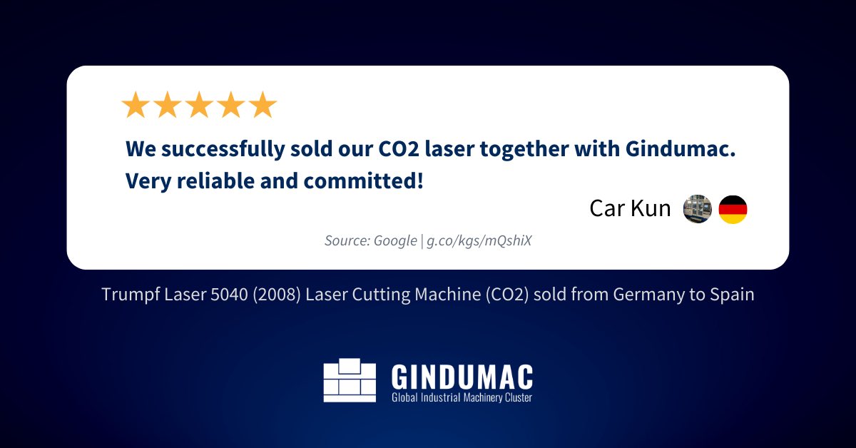 We are committed to create solutions. Recently we managed to enable a successful transaction of a used #Trumpf 5040 CO2 Laser Cutting Machine (2008) from #Germany to #Spain. 

💬 See original Google Review: g.co/kgs/7ZKJp9y
🔗 See Machine: lnkd.in/duPuqHg3