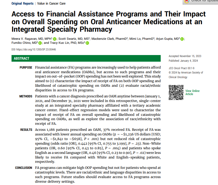 💊Financial assistance programs can lower costs for oral anticancer meds but not for pts with catastrophic spending. Streamlined approaches to equitably connect eligible pts are needed given shown racial/ethnic & language disparities. #financialToxicity
ascopubs.org/doi/full/10.12…