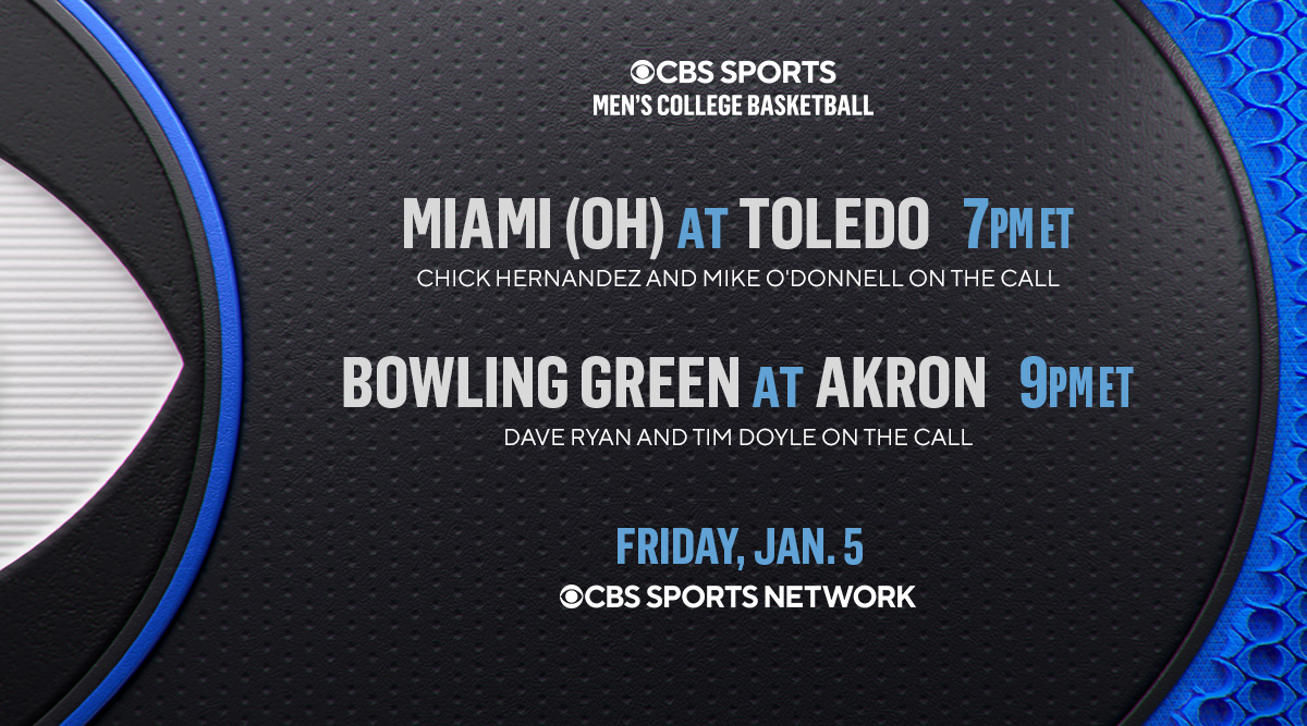 Tonight on @CBSSportsNet, tune in as @MiamiOH_BBall takes on @Toledo_MBB at 7 PM, ET, with @MrChickSports and @MOD4three on the call. Then, @BGSUMBB faces @ZipsMBB at 9 PM, ET, with @DaveRyno12 and @TimDoyle00 on the call.