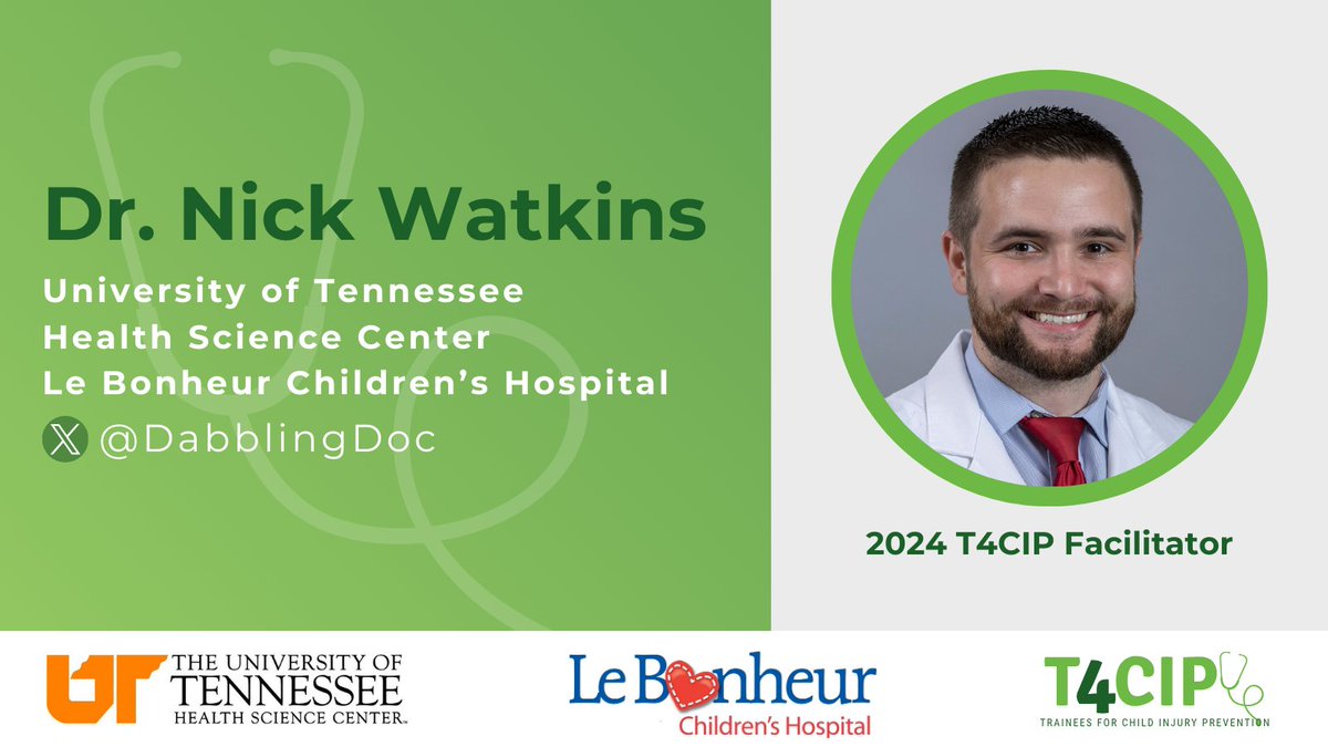T4CIP (Trainees for Child Injury Prevention) (@t4cip_) on Twitter photo Meet Dr. Nick Watkins! Dr. Watkins was a trainee in our inaugural T4CIP cohort, served on our Alumni Committee the following year, was a Junior Facilitator last year, and is now joining us as a full facilitator! He's from <a href="/uthsc/">The University of Tennessee Health Science Center</a> <a href="/LeBonheurChild/">Le Bonheur Children's</a> <a href="/DabblingDoc/">Nick Watkins, MD</a> Meet Dr. Nick Watkins! Dr. Watkins was a trainee in our inaugural T4CIP cohort, served on our Alumni Committee the following year, was a Junior Facilitator last year, and is now joining us as a full facilitator! He's from <a href="/uthsc/">The University of Tennessee Health Science Center</a> <a href="/LeBonheurChild/">Le Bonheur Children's</a> <a href="/DabblingDoc/">Nick Watkins, MD</a>