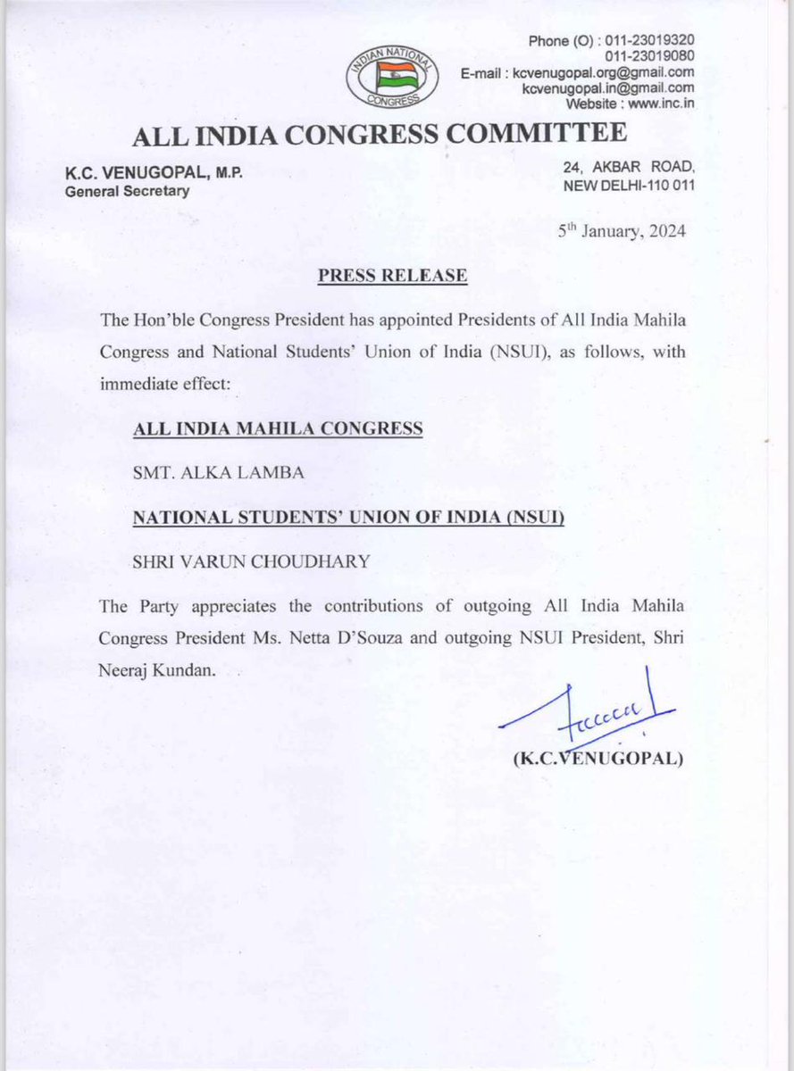 badyal_sharvan's tweet photo. The Hon'ble Congress President has appointed Presidents of All India Mahila Congress and National Students' Union of India (NSUI). https://t.co/YyTVUZU3uI