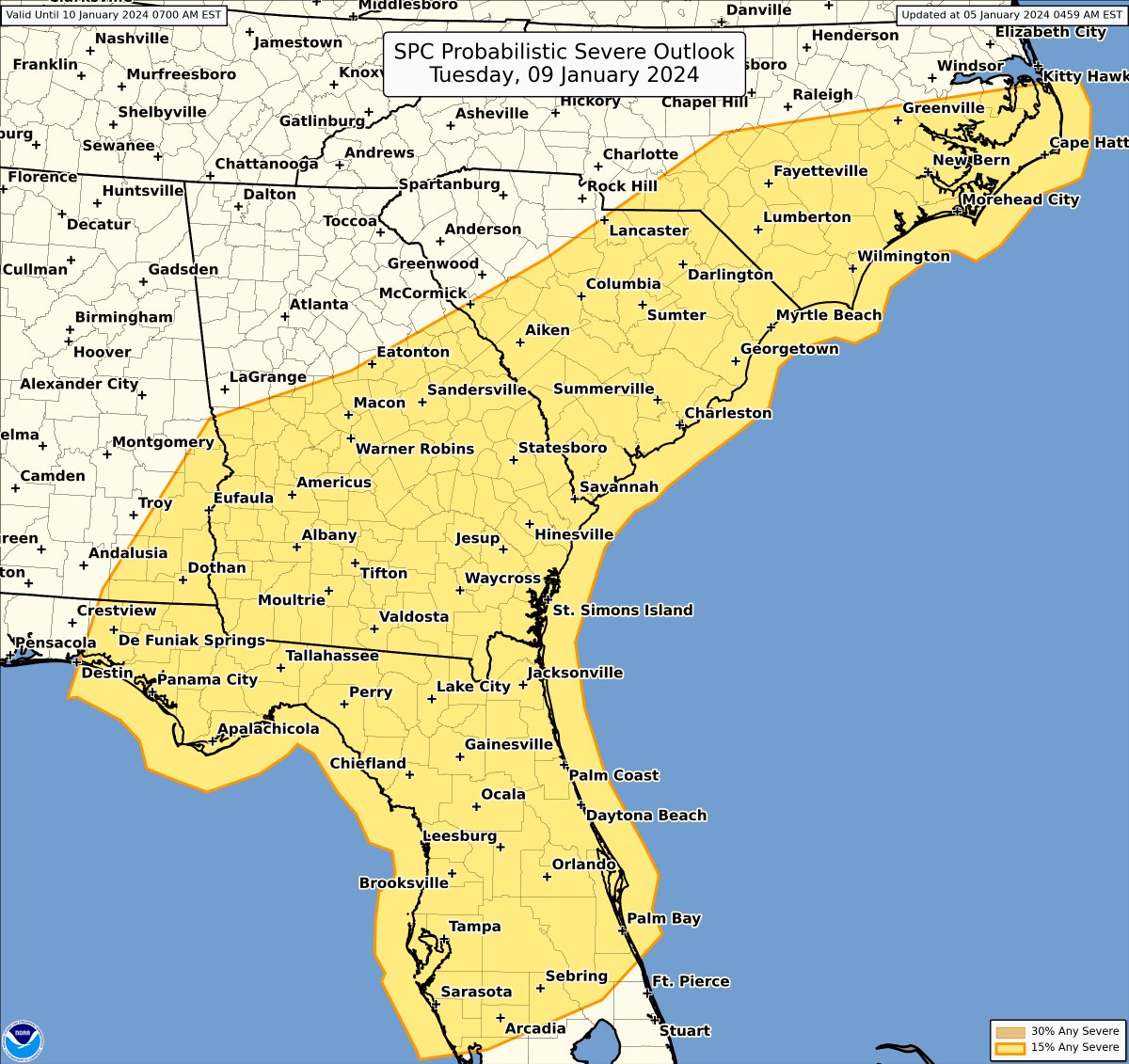 Multi-day severe-weather event is possible next Monday (1/8) and Tuesday (1/9) from southeast TX across the Southeast States and into the Carolinas and FL. Environmental conditions appear favorable for supercells capable of producing damaging gusts and a few strong tornadoes.