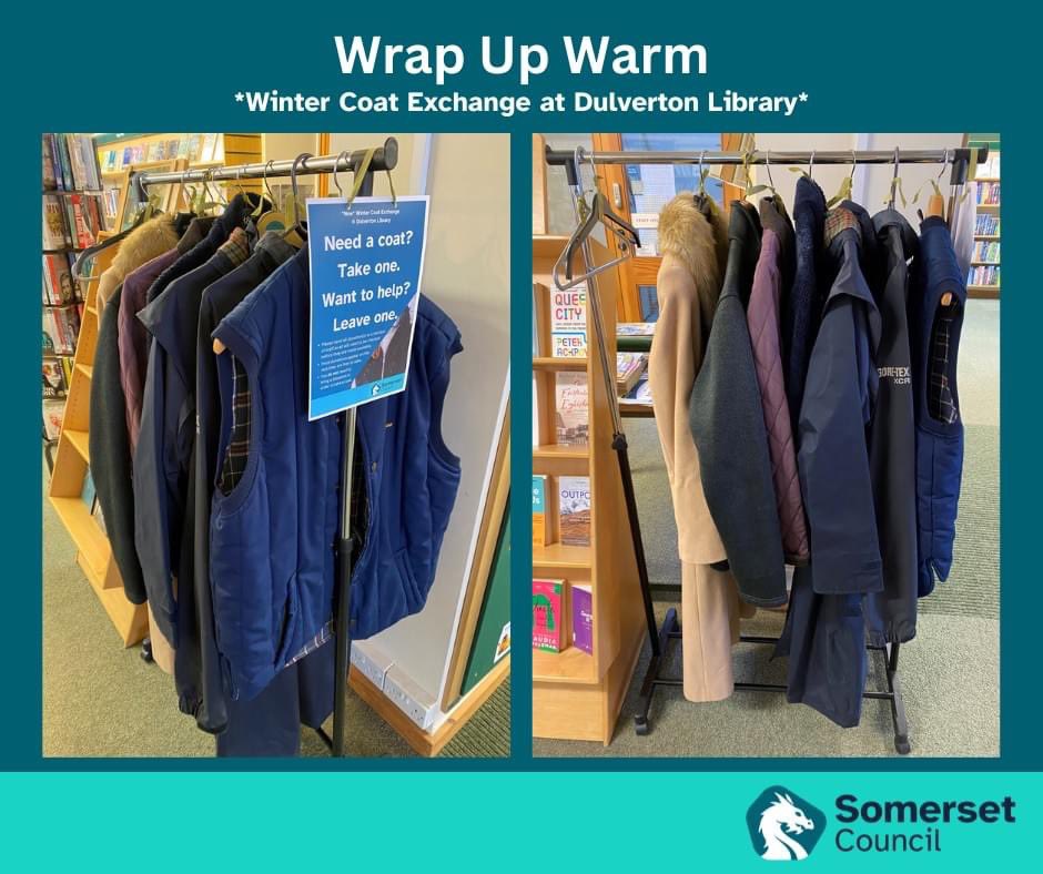 cyevans86's tweet photo. Wrap Up Warm scheme is now available at Dulverton Library. If you need a coat just take one, if you want to help then leave one. 

The scheme is also up and running in Priorswood, Taunton, Yeovil, Chard and Ilminster.
 
Fantastic Initiatives from @SomersetLib https://t.co/X9vP9W0s5Y