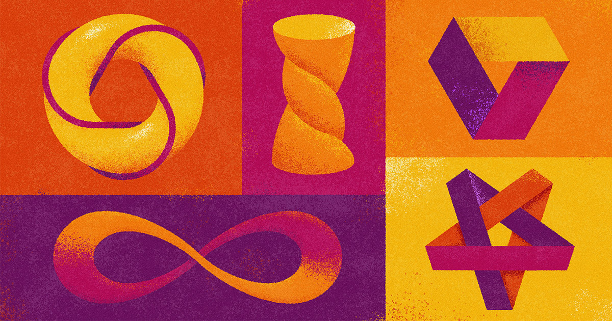 QuantaMagazine's tweet photo. In recent years, there have been at least five mathematical results that identify the “optimal” version of shapes, including the Möbius strip (with one twist), the three-twist Möbius strip and the simple knot. @KSHartnett explains how these shapes work, with graphics by Merrill Sherman: https://t.co/iVriMC4EF8