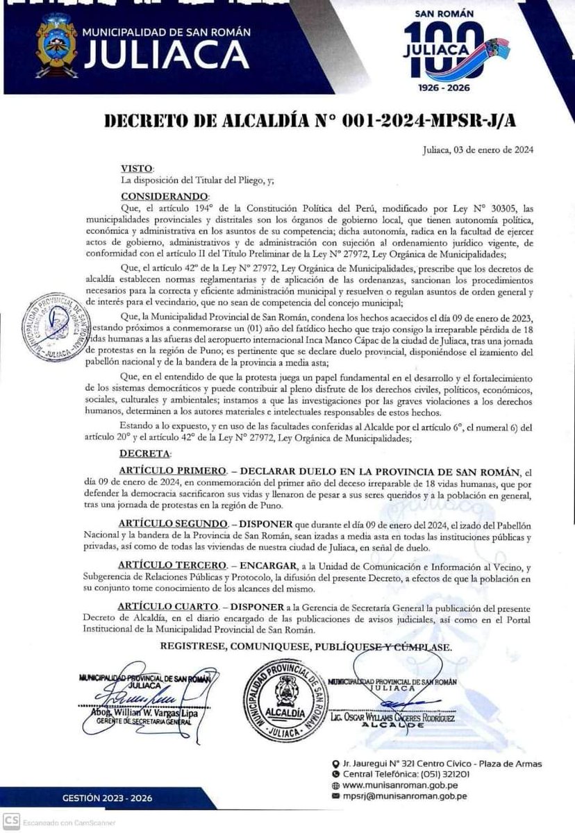 Ojo_Publico's tweet photo. #OjoAlDato 📍La Municipalidad Provincial de San Román, en #Puno, declaró al 9 de enero como día de duelo en la provincia en conmemoración por el aniversario del fallecimiento de 18 civiles durante la represión a las protestas de esta región.

✍️Red Regional / Karin Chacón https://t.co/vJrQWCUz18