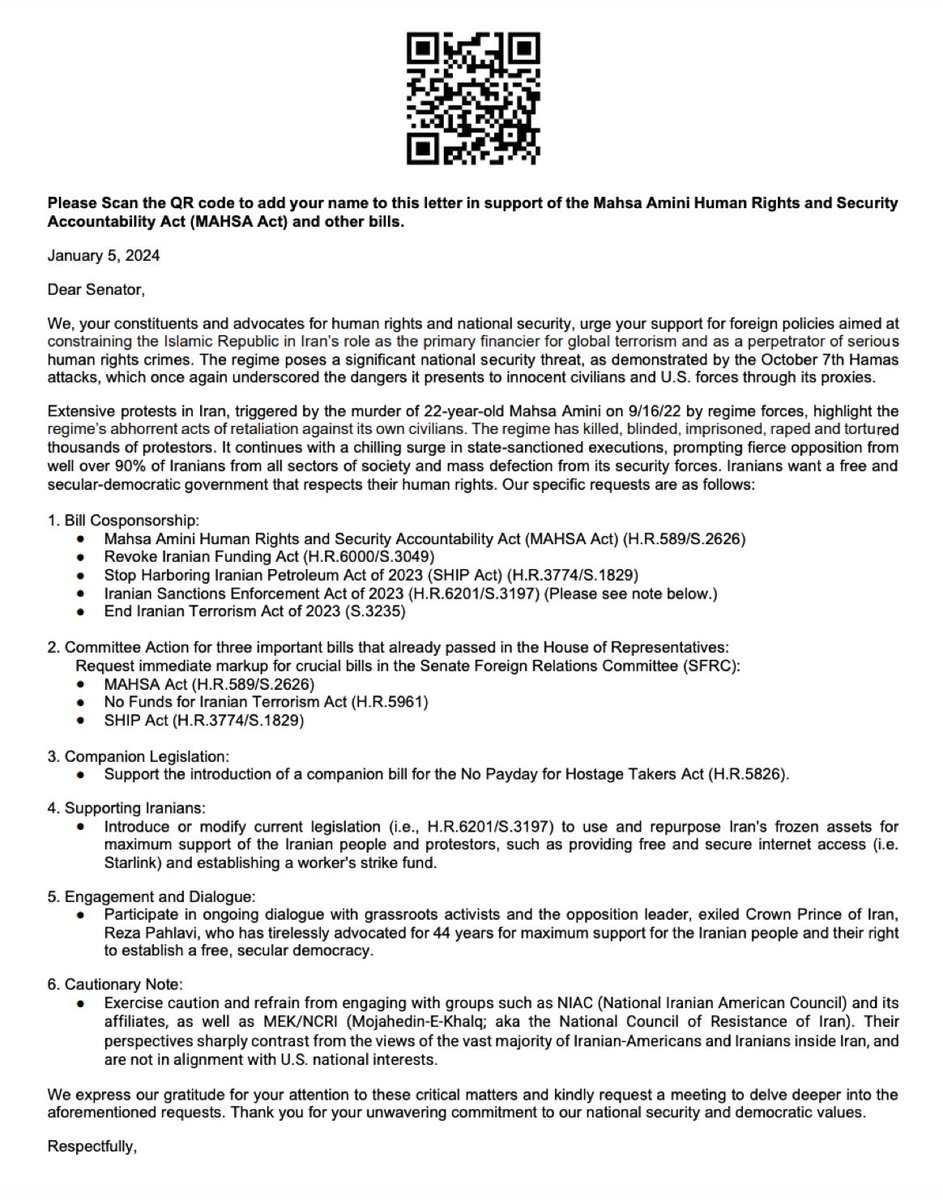 🚨 CALL FOR ACTION : 

Please sign this letter to all 100 senators in support of the #MAHSAAct HR589/S2626, SHIP Act HR3774/S1829, No Funds for Iranian Terrorism Act HR5961 and more Iran-related bills. 
Click the link to sign. 🙏🏻docs.google.com/forms/d/e/1FAI