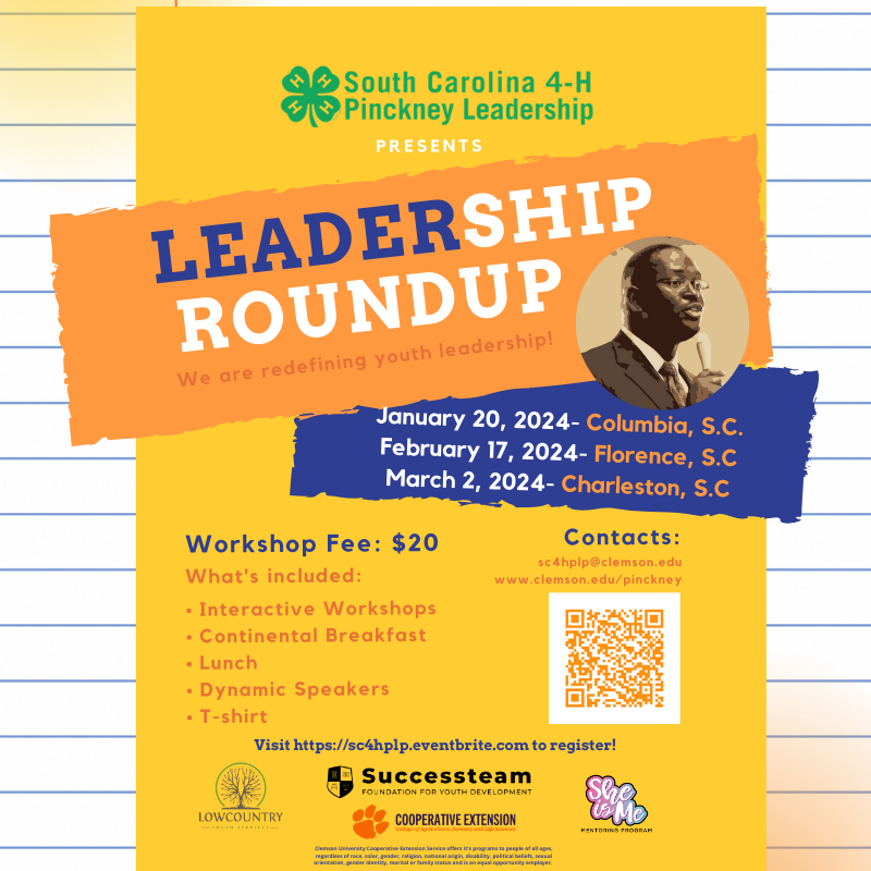 sc4hplp's tweet photo. This event offers something for everyone! Open to all middle and high school students and the adults in their lives.
Registration for Florence and Charleston is still open! Visit https://t.co/2amAXRXiPV for details.
#4HPinckneyLeadership #SC4H https://t.co/7tzlOJcsUq