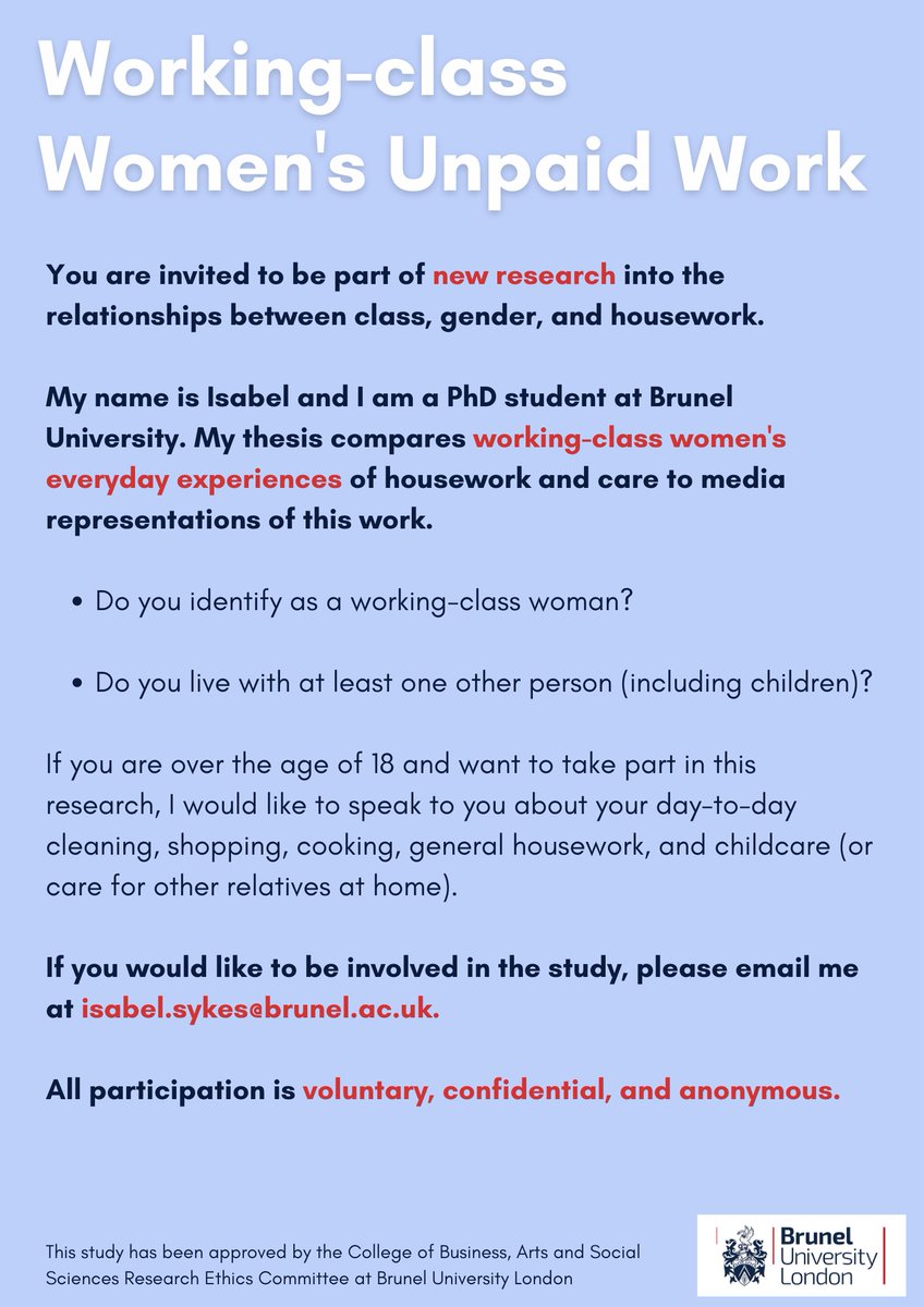 HouseworkProj's tweet image. Opportunity to take part in new research into the relationships between class, gender and housework. Please email isabel.sykes@brunel.ac.uk to get involved/find out more.
