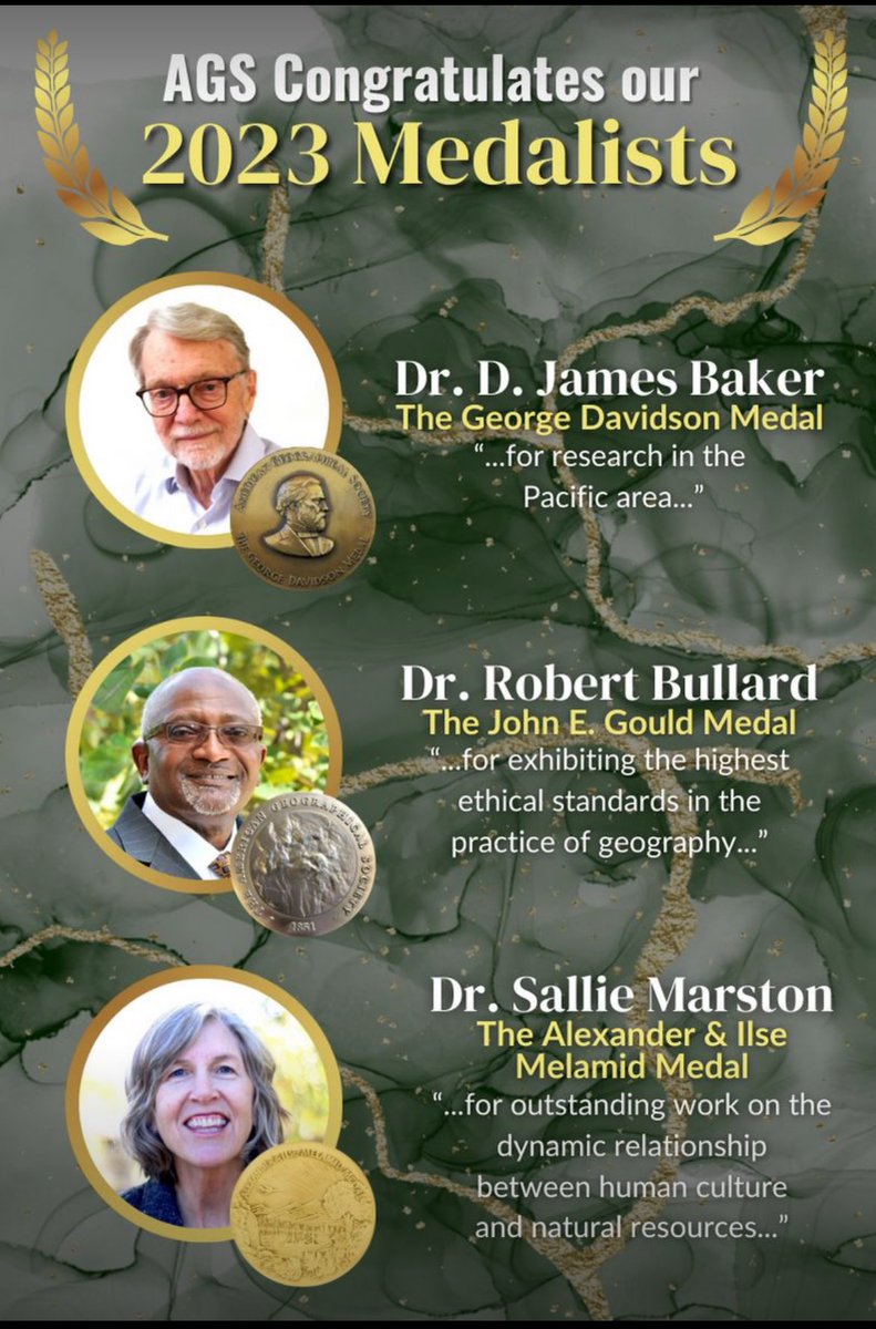 We are proud to honor Dr. D. James Baker, Dr. Robert Bullard, and Dr. Sallie Marston with our 2023 AGS Awards! Learn more about the AGS Awardees and watch the 2023 Awards Ceremony here: geography2050.org/medals-2023 #geography #geoscience #gis #leaders