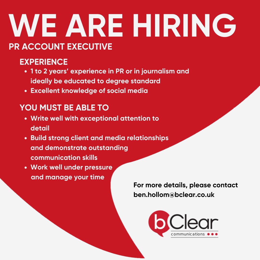📣We are hiring

It's a really exciting time at bClear Communications, we are growing!

Link to full spec - bclear.co.uk/senior-pr-acco…

#PR #hiring #accountexecutive