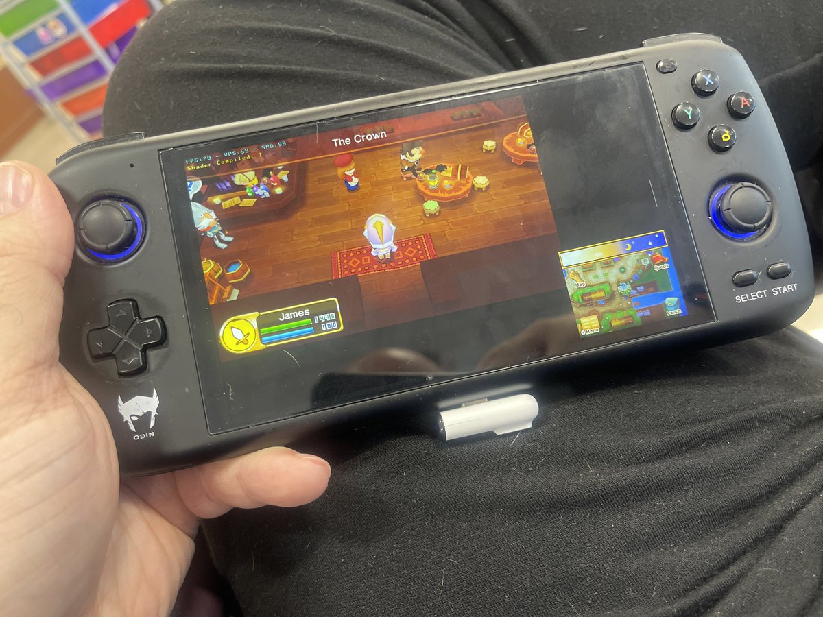 thejamesshow00's tweet photo. First round of chemo. My friend odin keeping my company with some fantasy life. love that game. hope odin2 gets here soon! #retrogames #ayntec #aynodin #3ds #fantasylife https://t.co/YEAXgo4lgb