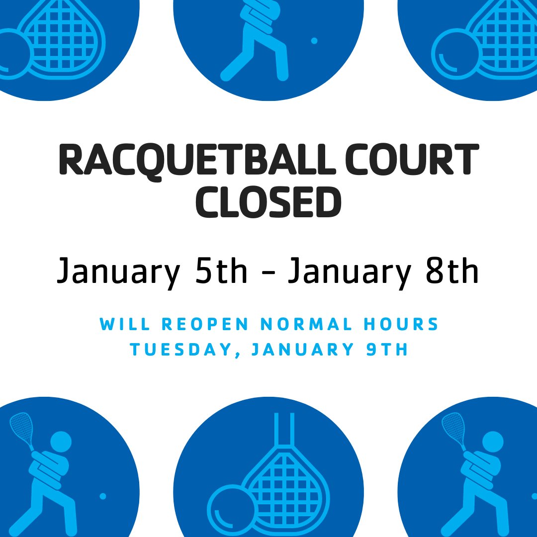 DecaturYmca's tweet image. Due to a damaged sprinkler head, the Racquetball Court will be closed until repairs can be completed. 

The court will reopen for normal hours on Tuesday, January 9th. 

Thanks!