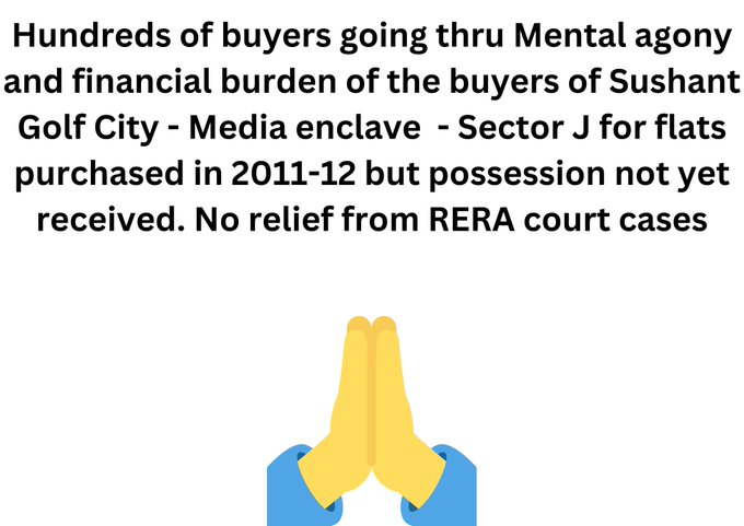 maxcolrado778's tweet photo. Sushant Golf City-Lucknow under the project name Media Enclave in Sector J Flats booked in 2011 Possession still not given after 12 Years even after all dues as requested have been Cleared
@AyanGupto
@PMOIndia
@CMOfficeUP
@myogiadityanath
@HMOIndia 
@homeupgov 
@AjayMishraTeni https://t.co/OaLdXianLb
