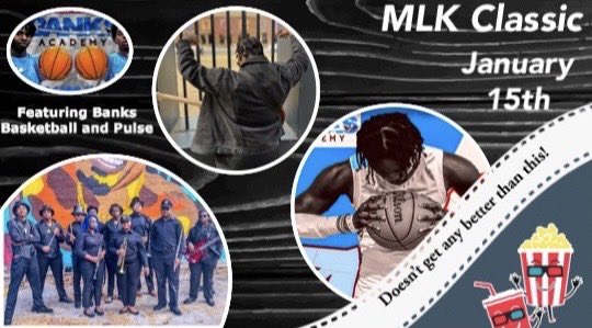 PulseBanks's tweet photo. MLK Classic‼️🚨
January 15th beginning at 1p.m.
Restoration vs. Banks Academy 
A day of celebrating Dr. King through Basketball and Fine Arts. Don't miss it! There will be 3 games with special performances during breaks. Dr. Anthony Gordon will speak prior to varsity boys game. https://t.co/JaG3n7VICZ