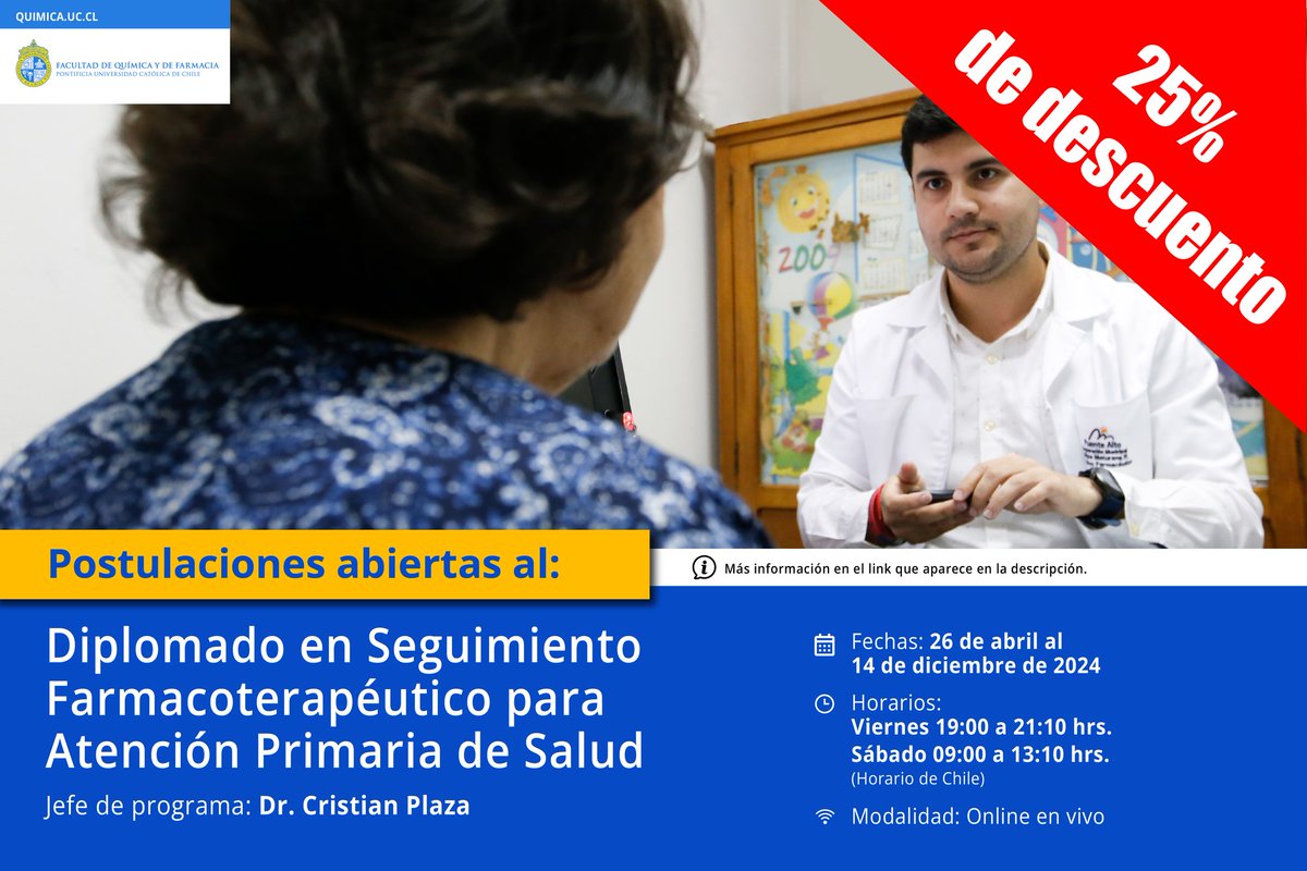 FQuimica_UC's tweet photo. ✨💊Postula al Diplomado en Seguimiento Farmacoterapéutico para Atención Primaria de Salud, el cual busca que químicos farmacéuticos adquieran herramientas necesarias para realizar atención clínica de usuarios en centros de salud primaria.

🔗Conoce más: https://t.co/5Xsb0iHGzH https://t.co/VqEWBflxnP