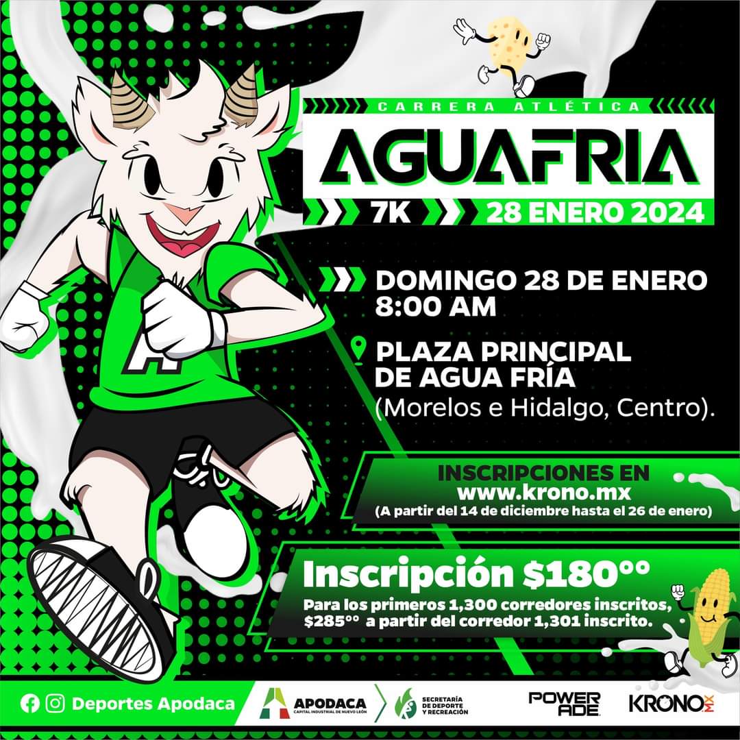 ApodacaOficial's tweet photo. ¿ESTÁS LISTO PARA LA CARRERA AGUA FRÍA 2024?🐐🧀
Aún hay lugares disponibles, corre ya a inscribirte ✅
📱Link de inscripción: https://t.co/GLnSWcpu9W
#YoSoyDeportesApodaca #Carrera #AguaFría #7K #SeparaTuLugar https://t.co/t6aQ1SOOu4